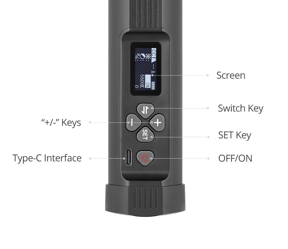 LED light wand handle with digital screen, control buttons, and Type-C charging port for photography lighting.