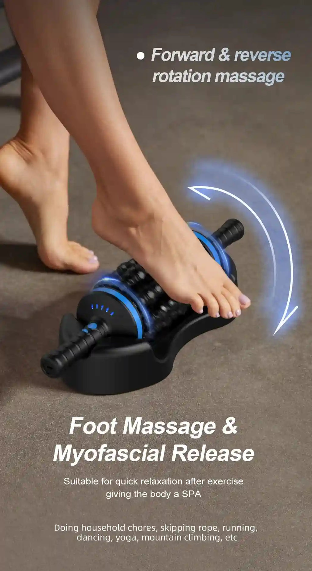 A person rests their bare foot on a black and blue handheld, cylindrical electric massage roller on a base.