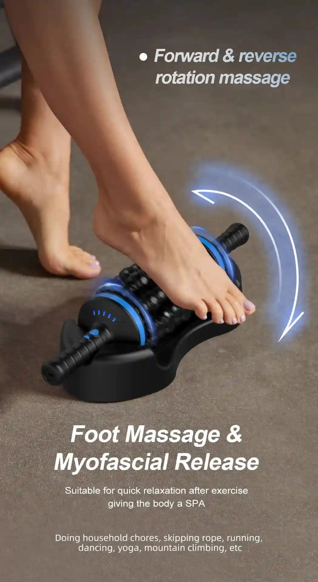 A person rests their bare foot on a black and blue handheld, cylindrical electric massage roller on a base.