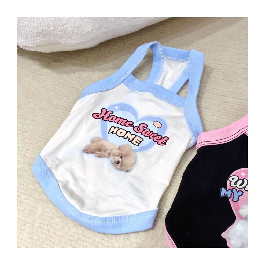 Cute blue and white dog camisole vest for small puppies, featuring a "Home Sweet Home" heart print for spring comfort.
