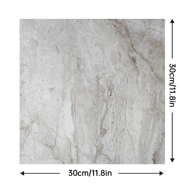 Peel-and-stick marble tile, light gray with warm beige veining, square 30cm x 30cm