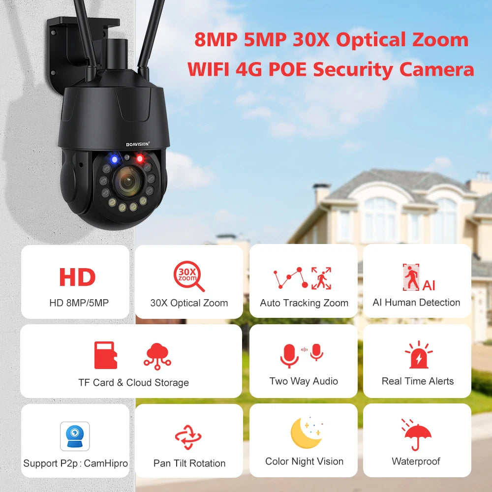 Outdoor Surveillance Camera WIFI 4G POE 8MP 5MP 30X Optical Zoom AI Auto Tracking 150M IR Distance Metal PTZ Security Camera