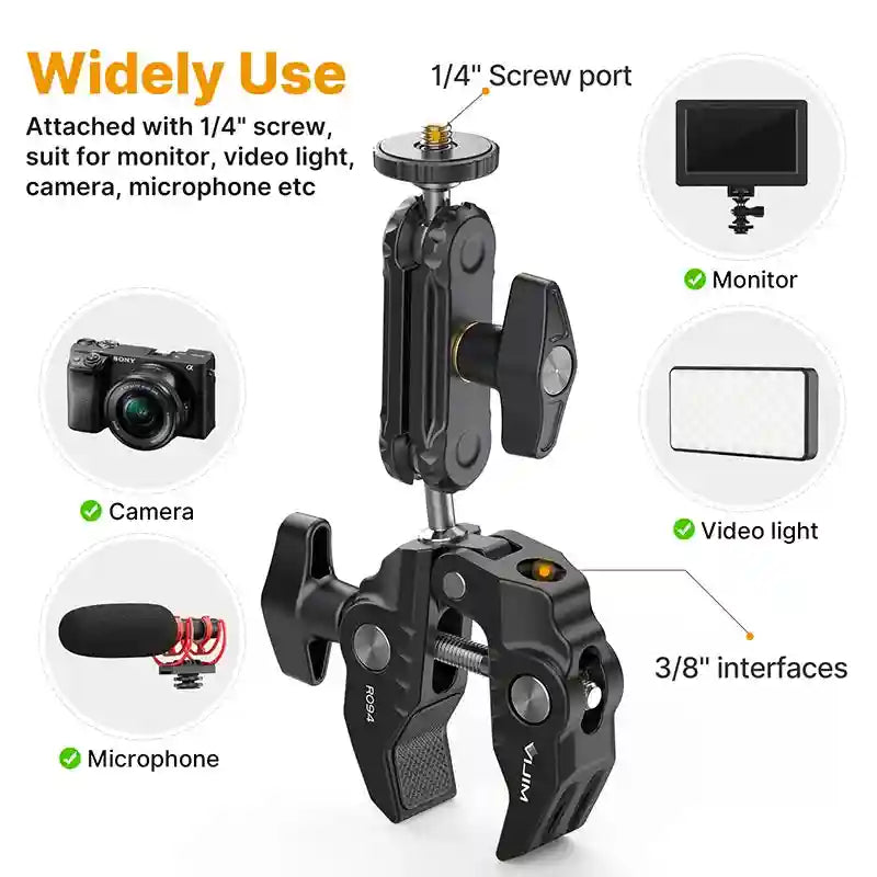 Black metal super clamp with adjustable magic arm, 1/4" top screw, and 3/8" interfaces for mounting camera gear.