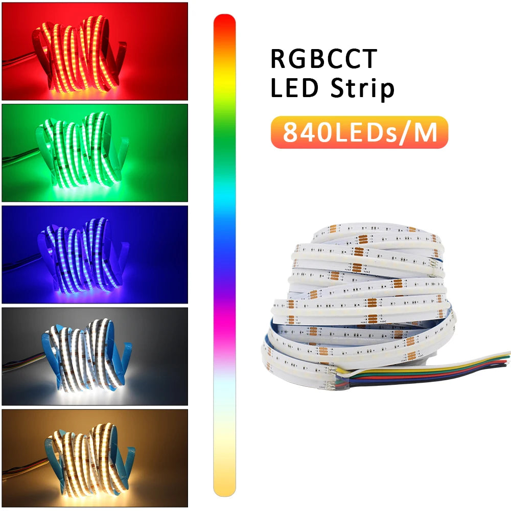 5M RGBCCT COB LED Strip Light DC 24V 840LEDs/m RGB CCT Dotless Flexible FCOB LED Tape Ribbon Lamp for Room Decoration Lighting
