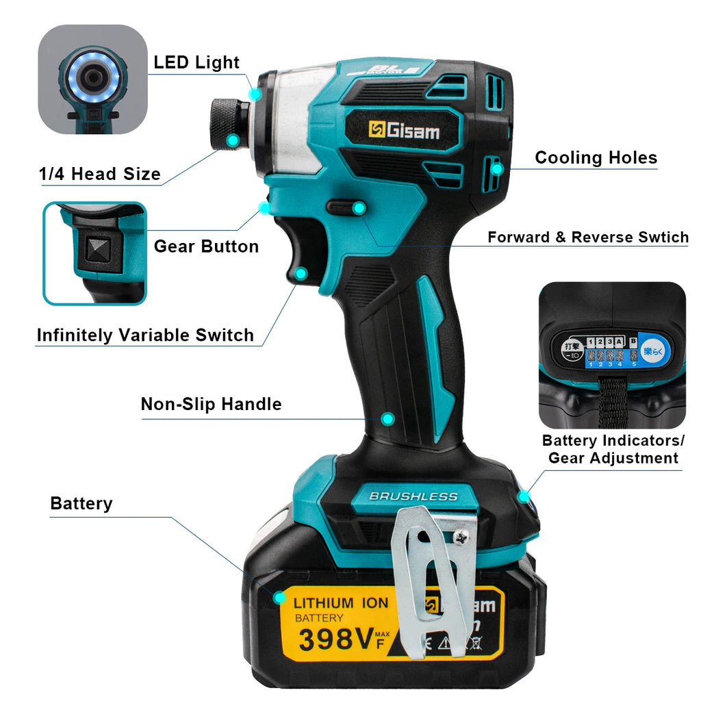 688N.m 1/4'' Brushless Electric Screwdriver Cordless Screwdriver Electric Drill Impact Driver Kit for Makita 18V Battery Pin