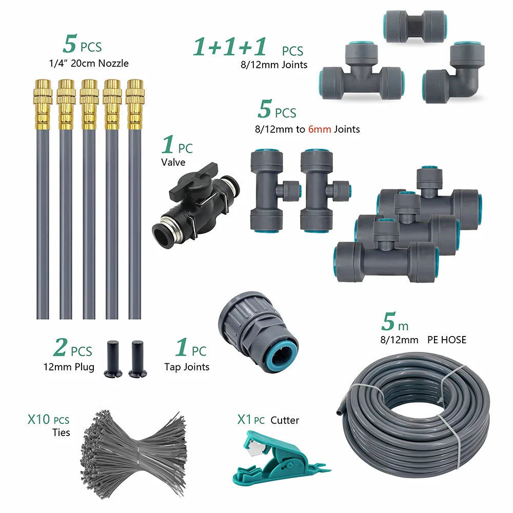 Flexible PE irrigation nozzle set with gray 8/12mm joints, nozzle, and 5 m hose coil