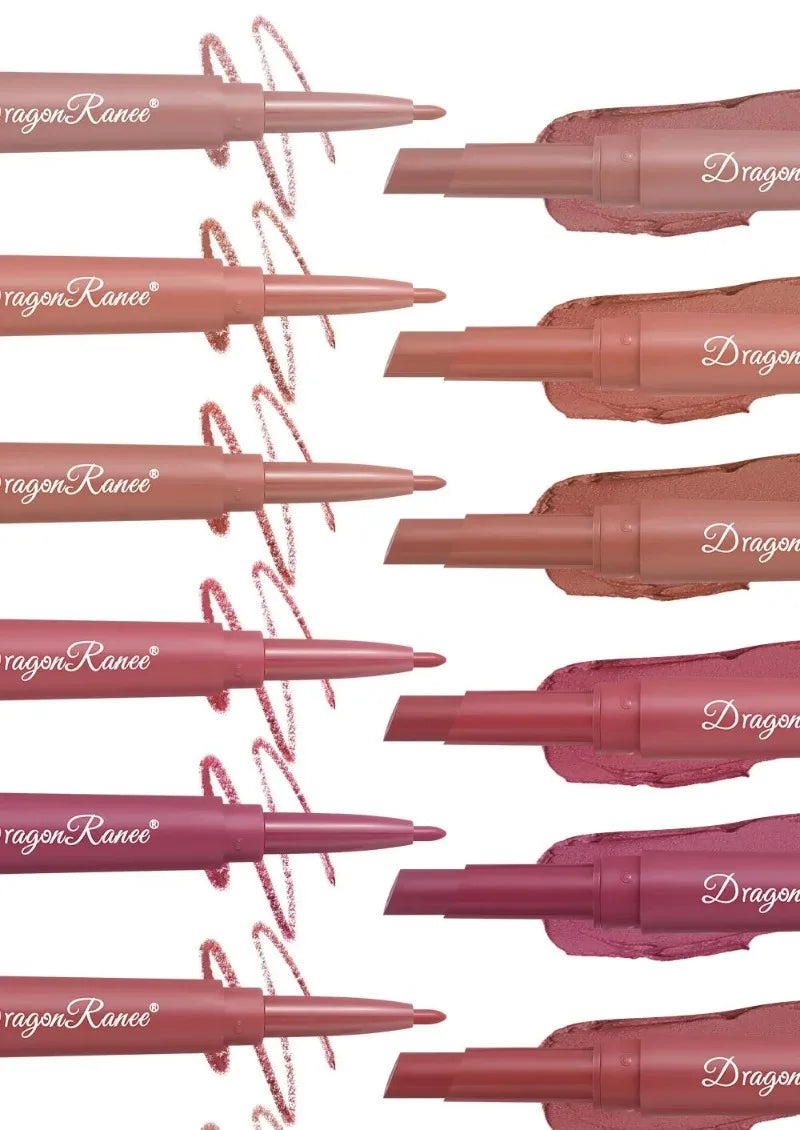 Dual-ended waterproof matte lip liner and lipstick set in various nude and rose red shades with velvet texture swatches.