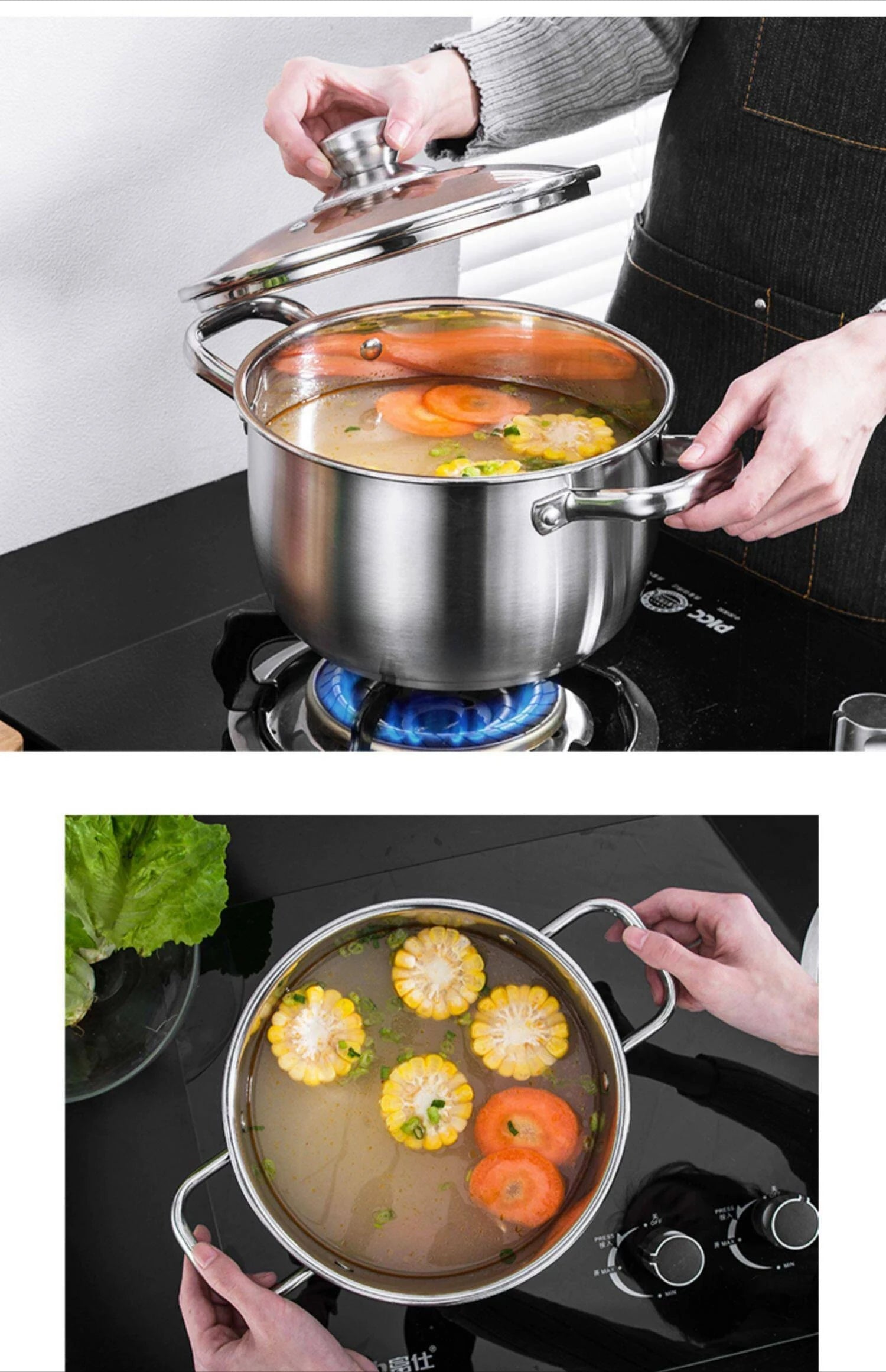 Stainless steel steamer pot on gas burner with glass lid, hands lifting lid