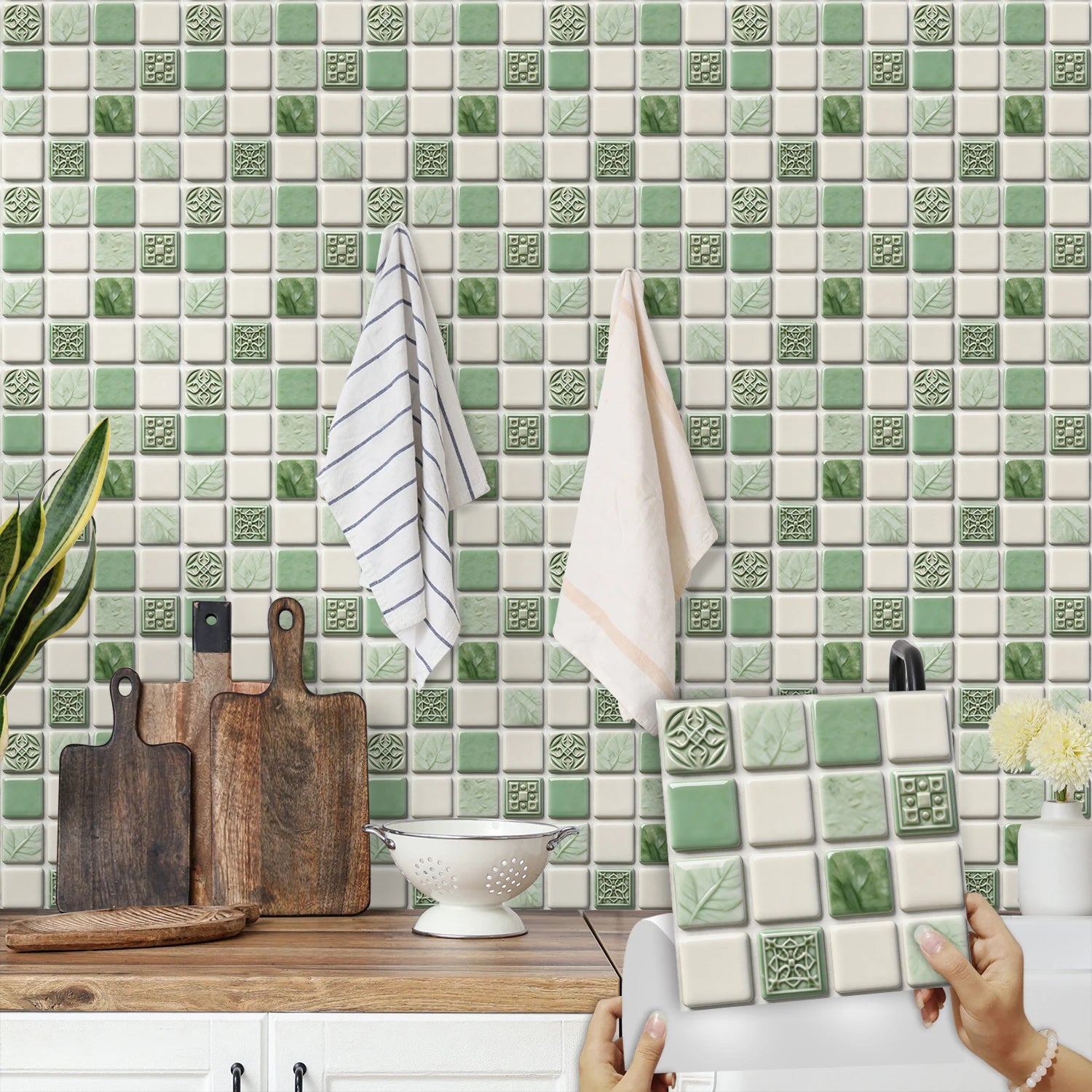 10pcs Flat Mosaic Tiles Sticker Set Kitchen Bathroom Wall Decals Gloss Waterproof Film 2D Surface Cover Transfers for Home Decor