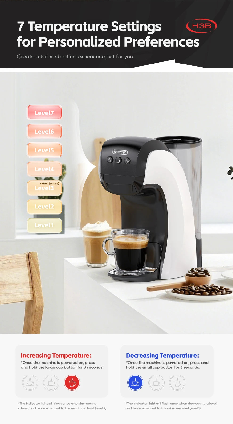 HiBREW H3B black and white coffee maker with 7 adjustable temperature settings brewing espresso into a glass cup.