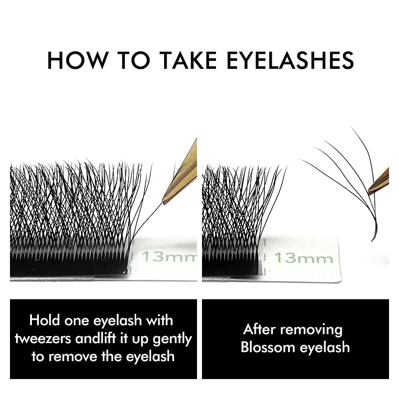 Instructional graphic showing how to use tweezers to lift black W-shaped volume eyelash extension fans from a tray.
