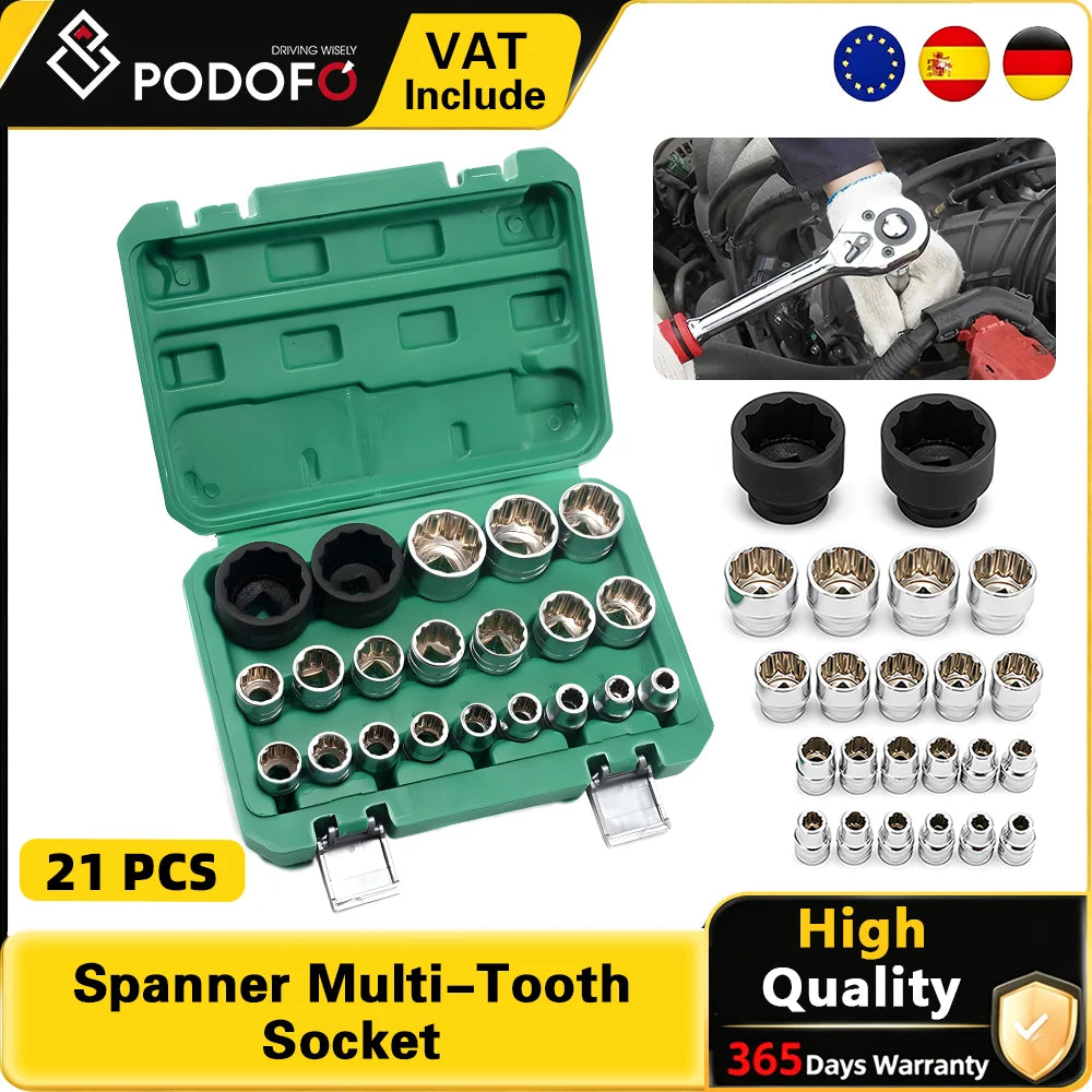 Podofo 21Pcs Socket Spanner Multi-Tooth For 6 and 12 Points Socket Set Mechanic Tool Kit Chrome Vanadium Steel Impact Universal Socket Wrench Set For Auto Car Repair Maintenance