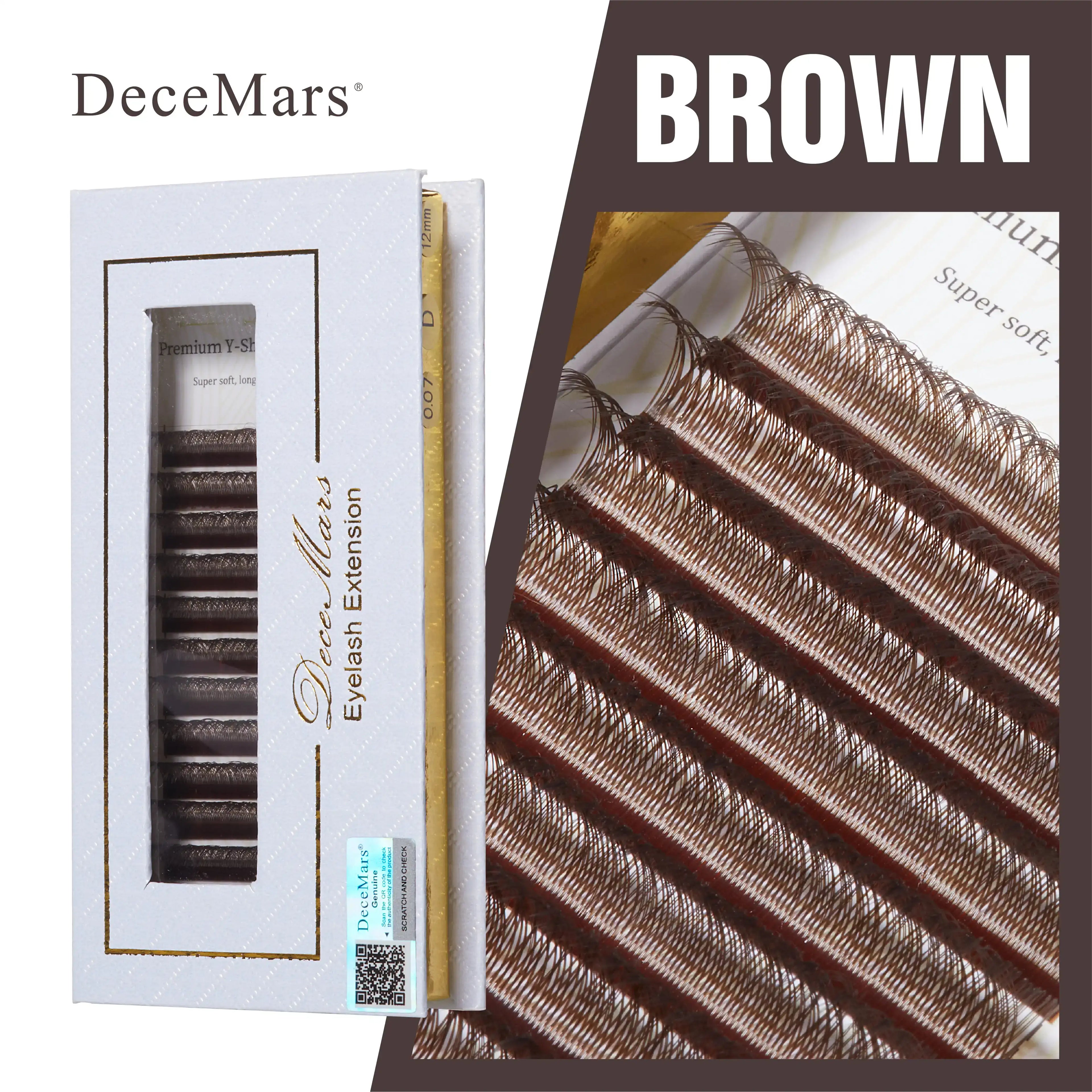 DeceMars brown YY eyelash extensions in white branded packaging. Soft, Y-shaped brown lashes on adhesive strips.