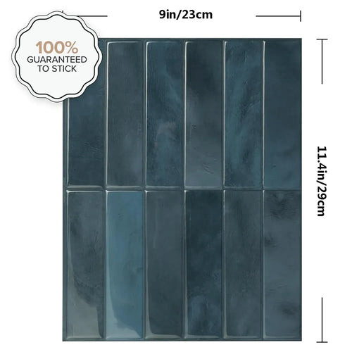 Peel-and-stick backsplash tile sheet, dark teal-blue 3D mosaic grid, 9 in x 11.7 in