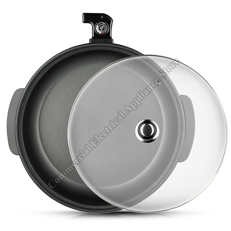 Electric hot pot with black base and two lids: clear glass lid and stainless lid.