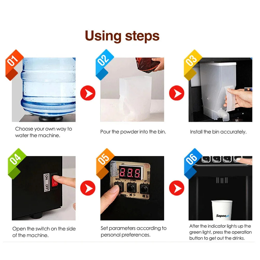 Sapoe coffee tea maker operation steps showing black machine, digital settings, water bottle, and powder bin installation.