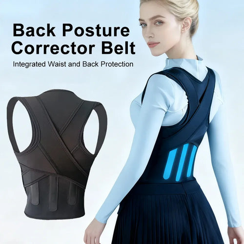 Black orthopedic back posture corrector brace and waist support wrap for pain relief and spinal alignment.