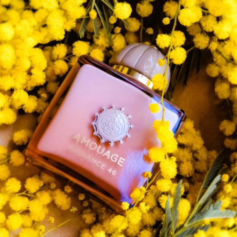 Amouage Guidance 46 unisex EDP, a luxury woody oriental 100ml perfume in a square pink bottle with floral decor.