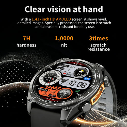 Black GPS smart watch with orange side accents and bright circular AMOLED display