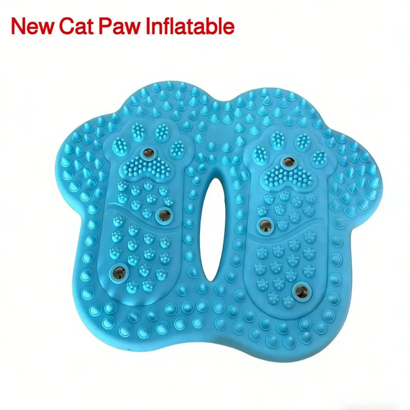 Blue cat paw-shaped inflatable foot massage mat with textured nubs and acupressure points for reflexology.