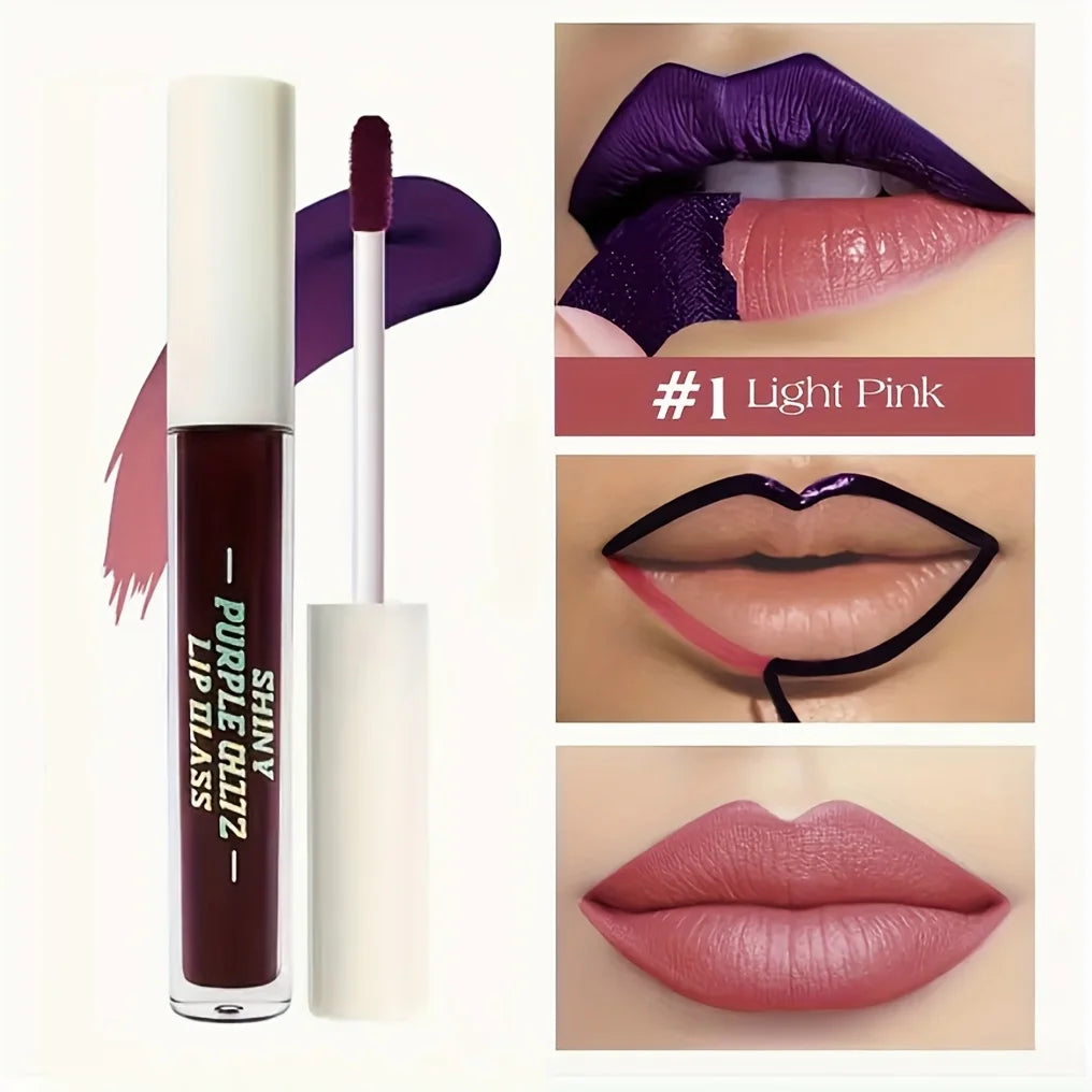 Long-lasting peel-off matte liquid lipstick in deep purple, transforming to a natural light pink finish on lips.
