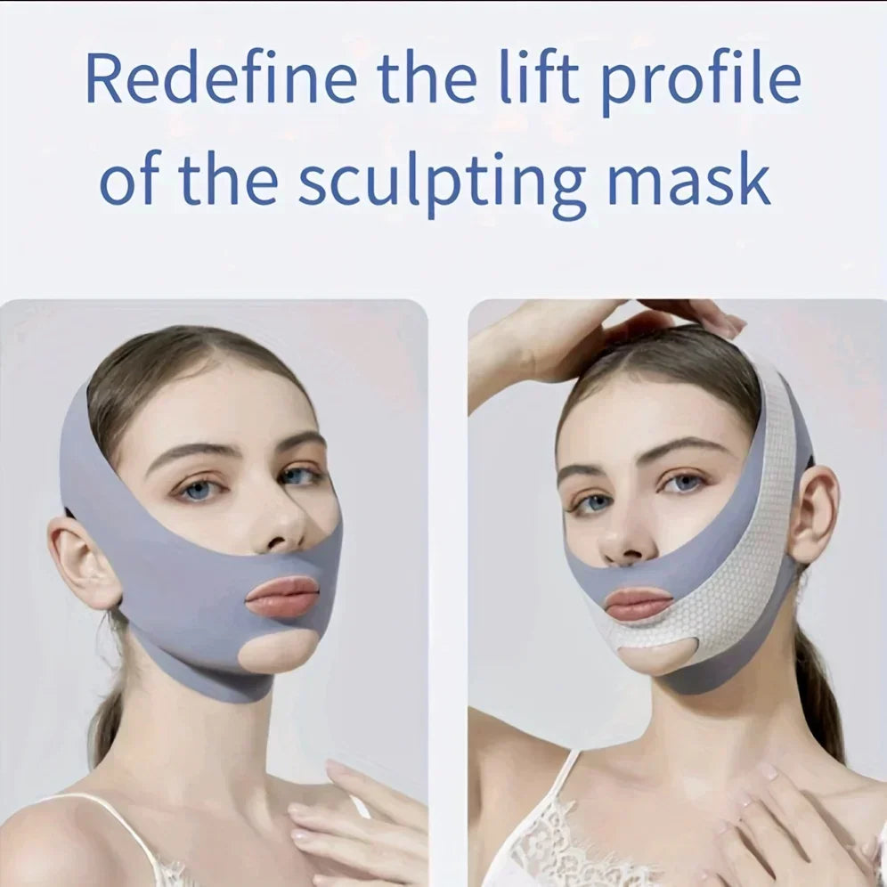 A woman wears a grey, smooth, V-line lifting strap that wraps around the chin and secures over the top of the head.
