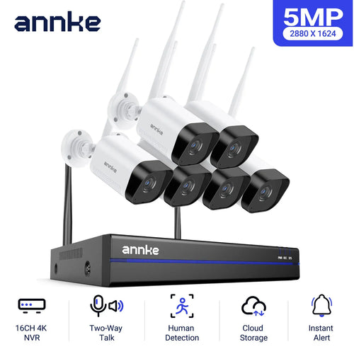 Wireless CCTV NVR with six 5MP WiFi cameras and antennas, two-way audio