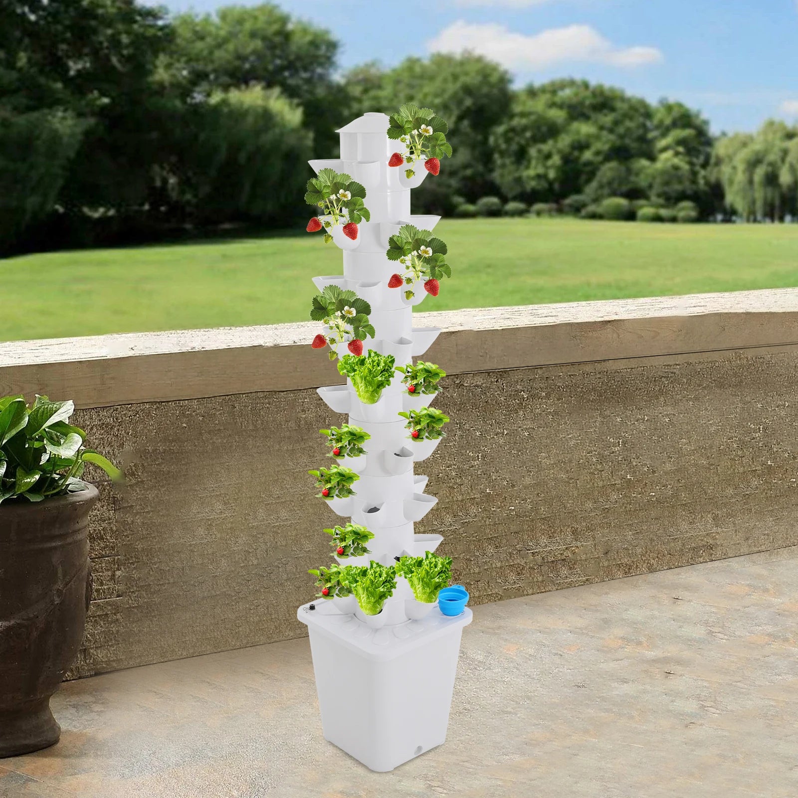 White hydroponic vertical planter tower with green and red-fruit seedlings and blue basin