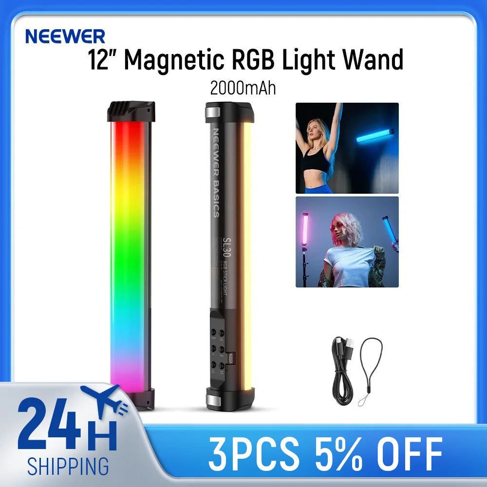12-inch magnetic RGB LED light wand with black casing, adjustable colors, USB-C charging cable, and wrist strap.