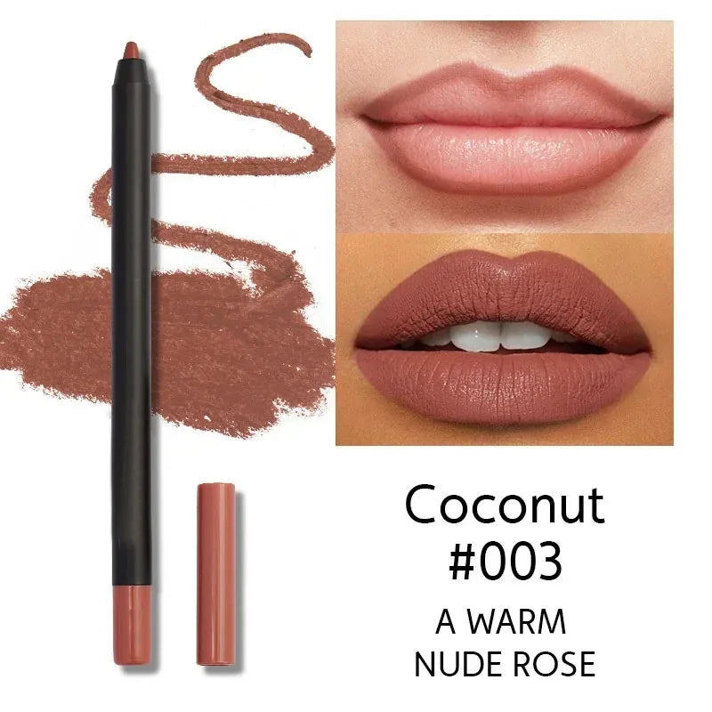 Matte nude brown lip liner pencil in Coconut #003, featuring long-lasting waterproof formula and smooth rose finish.