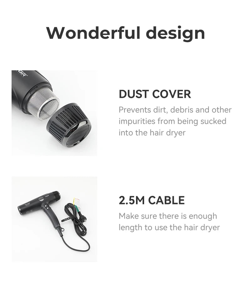 VGR professional black hair dryer with removable dust cover, 2.5m power cable, and powerful BLDC motor design.