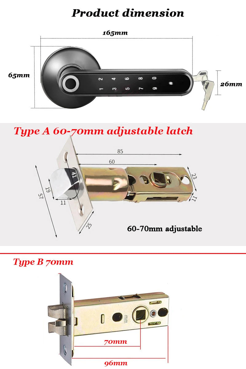 Bluetooth Tuya Smart Fingerprint Lock Lithium Battery Electronic Handle Lock Key For Wooden door