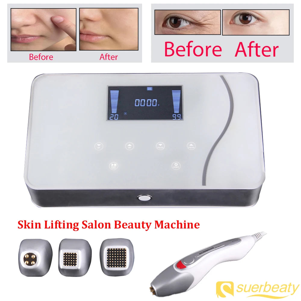 Korean dot matrix RF skin lifting machine with digital display, three treatment heads, and handheld beauty probe.