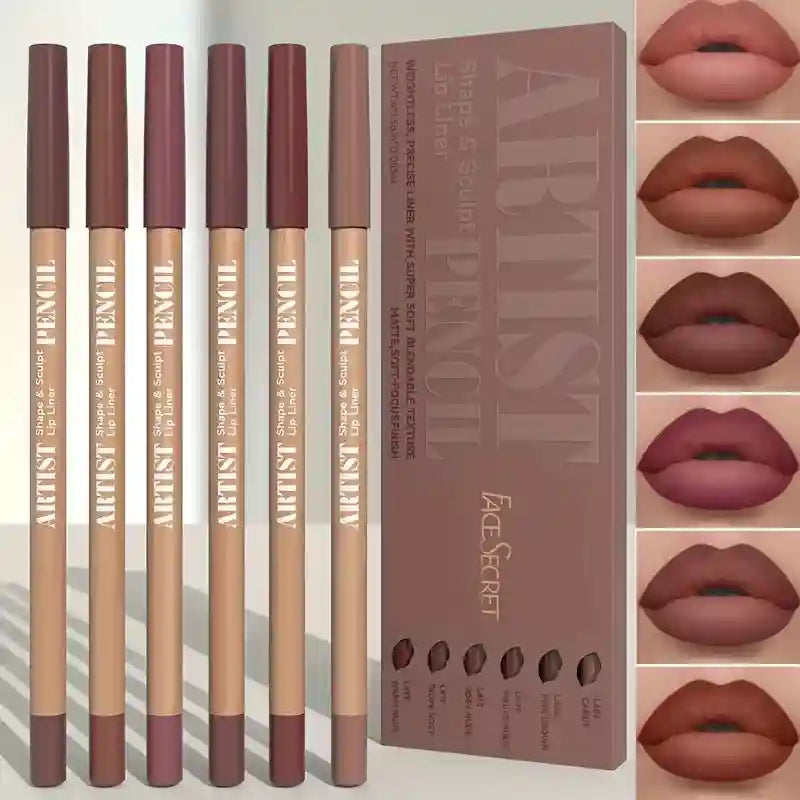 6-piece velvet matte lip liner set in assorted brown and nude shades for long-lasting, precise lip shaping.