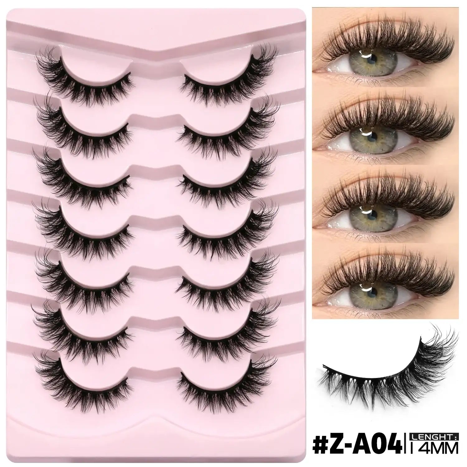 Set of 7 pairs of black, wispy 3D mink false lashes with a cat-eye shape on a light pink tray, with application views.