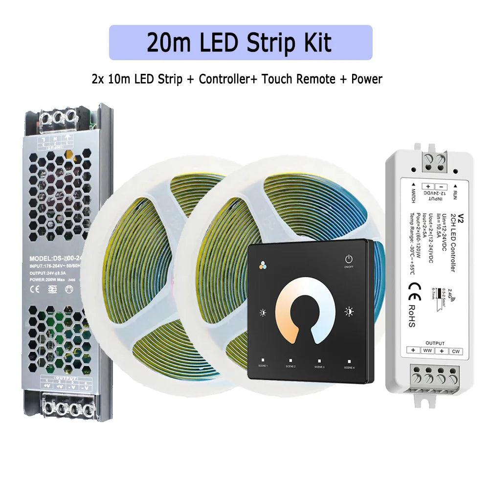 20m LED strip kit with controller, touch remote, and power supply