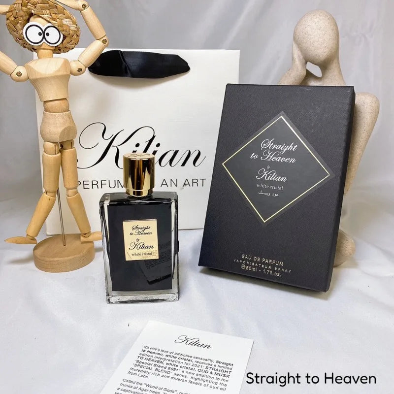 Kilian Straight to Heaven EDP 50ml: Unisex woody oriental niche perfume in a sleek, square black bottle with gold cap.
