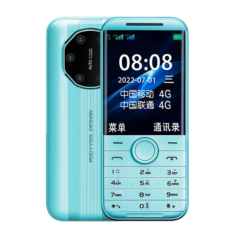 Teal 4G LTE smartphone with keypad and dual rear cameras