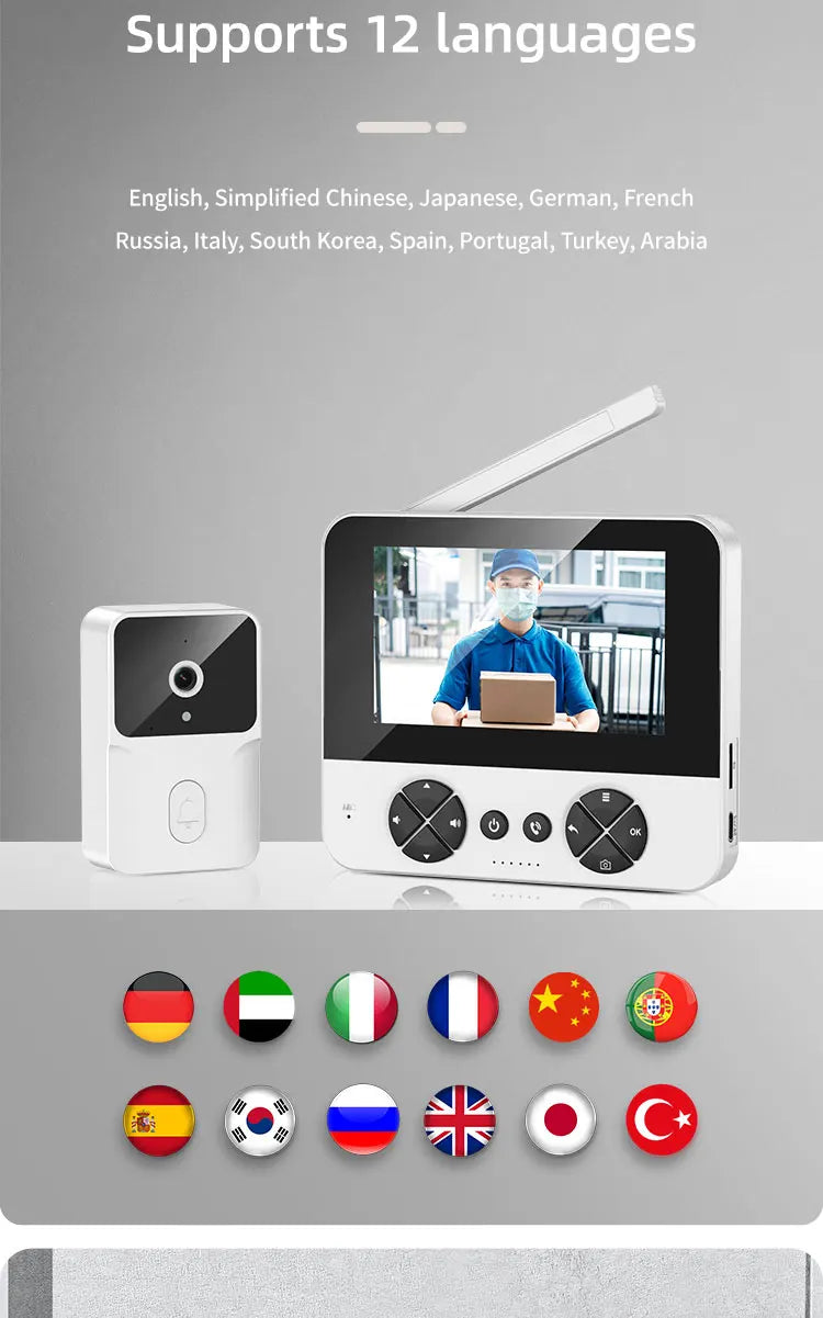 Wireless video doorbell, 4.3 "IPS display 720P high definition intelligent intercom, 2.4G wireless two-way call, night vision