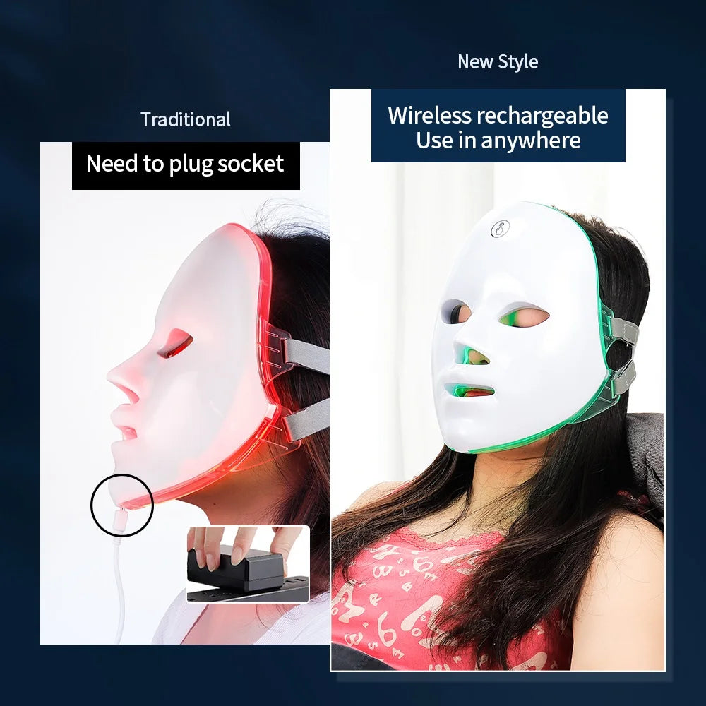 Comparison of a traditional wired LED face mask and a new wireless, rechargeable LED facial beauty mask.