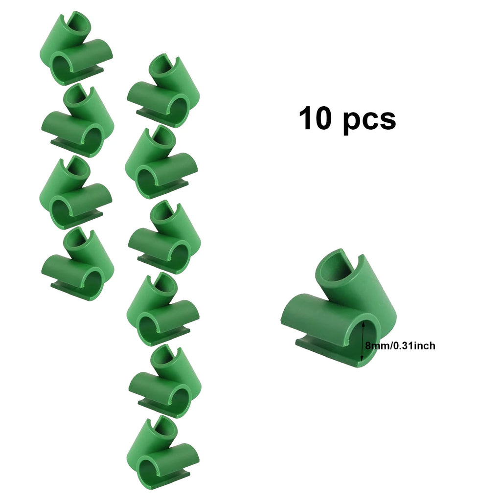 Green plastic plant support clips, 10-pack, curved clamp holders for 8mm