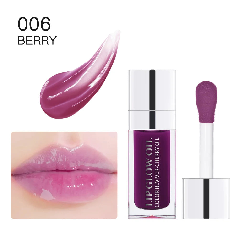 Berry crystal jelly lip oil, moisturizing plumping gloss for shiny tinted lips, makeup applicator included.