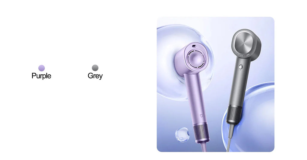MIJIA H701 high-speed ionic hair dryers in purple and grey with sleek, professional design for quick, smooth drying.