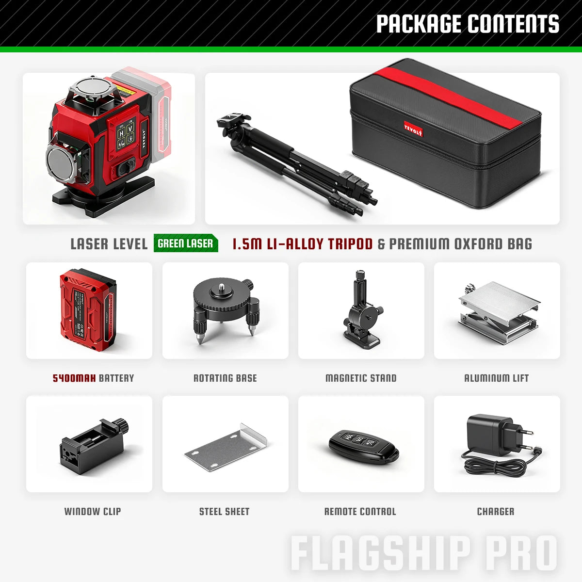 YEVOLT 4D green laser level kit with remote control, rotating base, Oxford bag