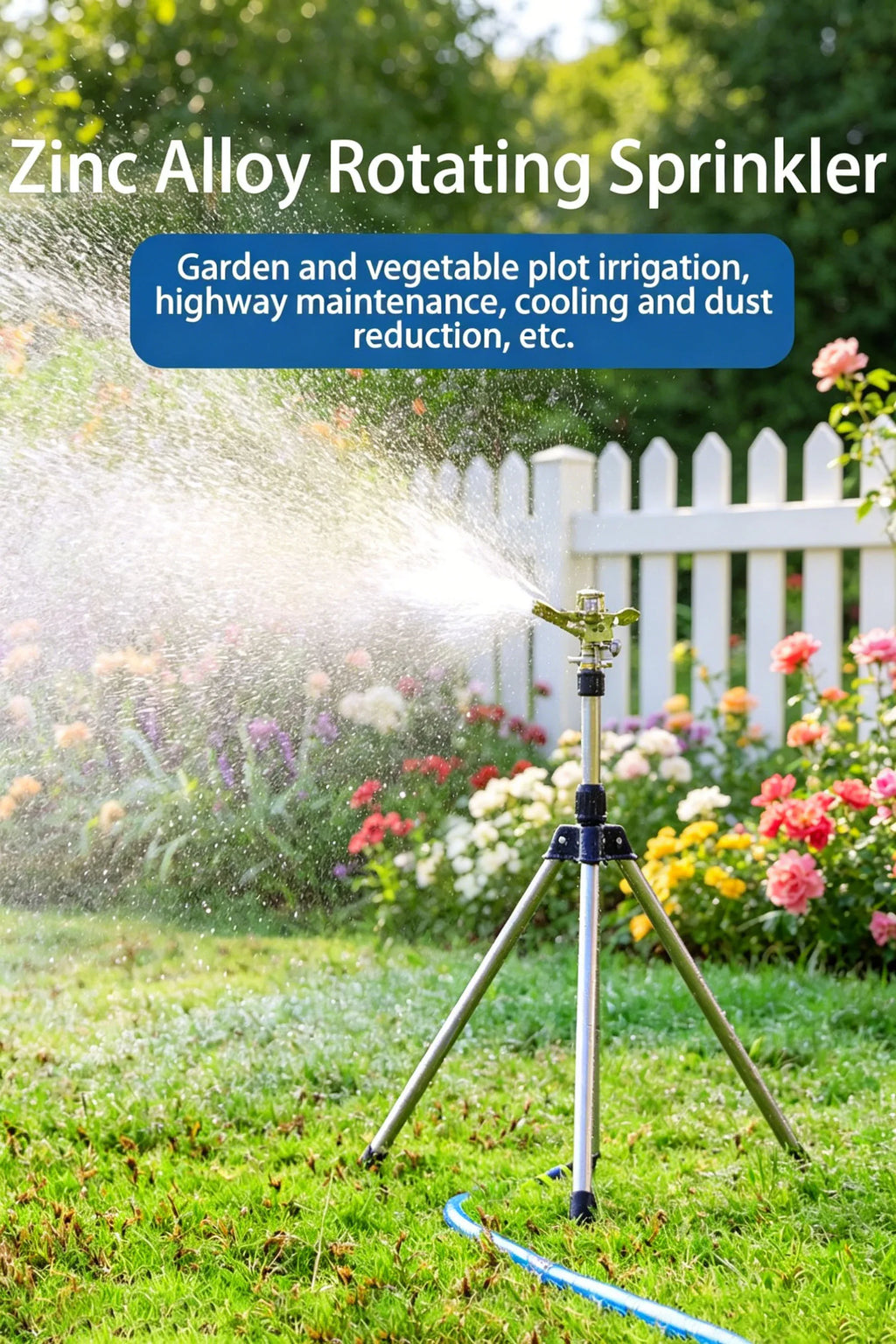 Gold rotating tripod sprinkler with blue base for garden and vegetable irrigation