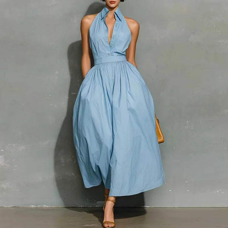 French Elegant Lapel Neck Button Maxi Dress Woman Spring Solid High Ruched Waist Long Dresses Summer Sleeveless Loose Boho Dress