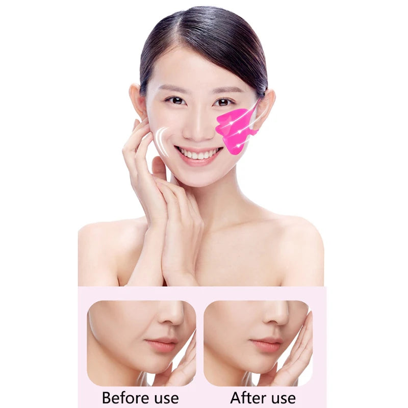 Pink silicone wrinkle-smoothing patch applied to a cheek, with before and after comparison photos showing firmer skin.