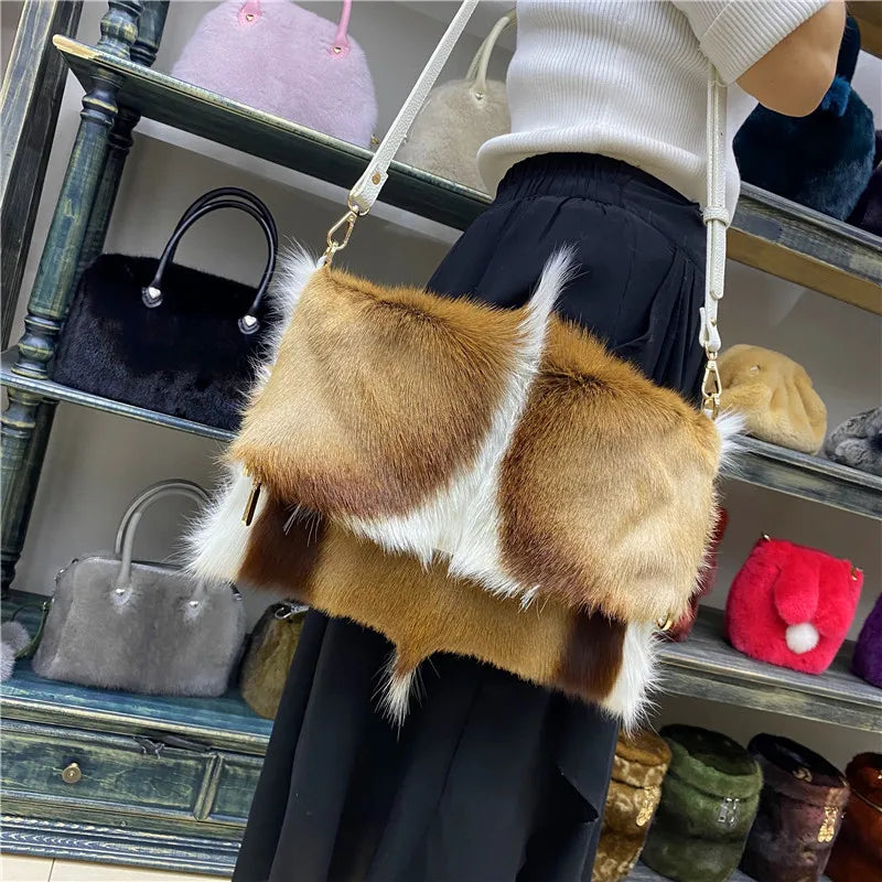 Tote Bag Women's Wool Cashmere Turf Leather Handle Contrast Color Handbag 2025 Luxury Brand High-end Large Capacity Shoulder Bag