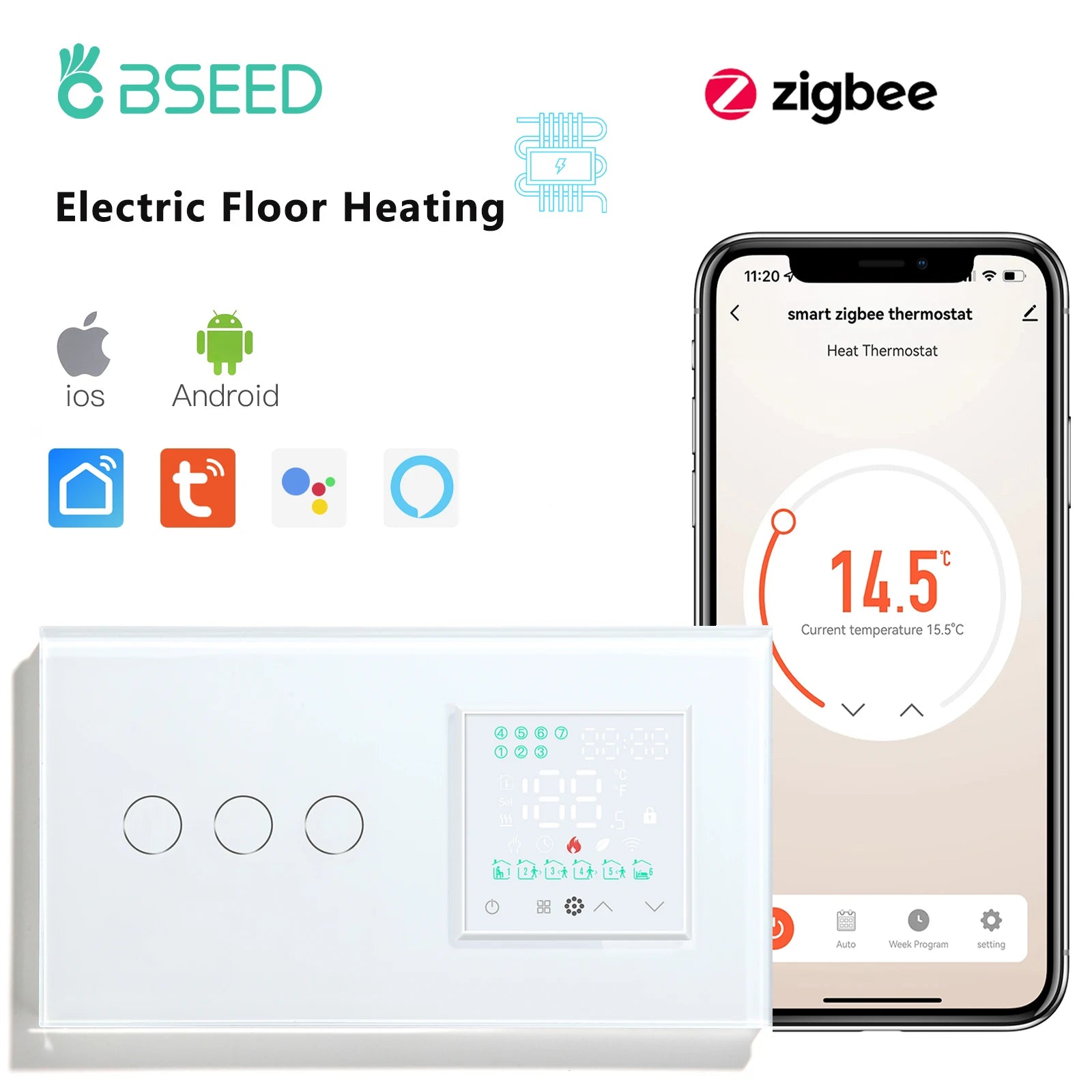 BSEED Zigbee Thermostat LED Touch Screen Switches Electric Floor Heating Room Alexa Temperature Controller Tuya App USB Socket