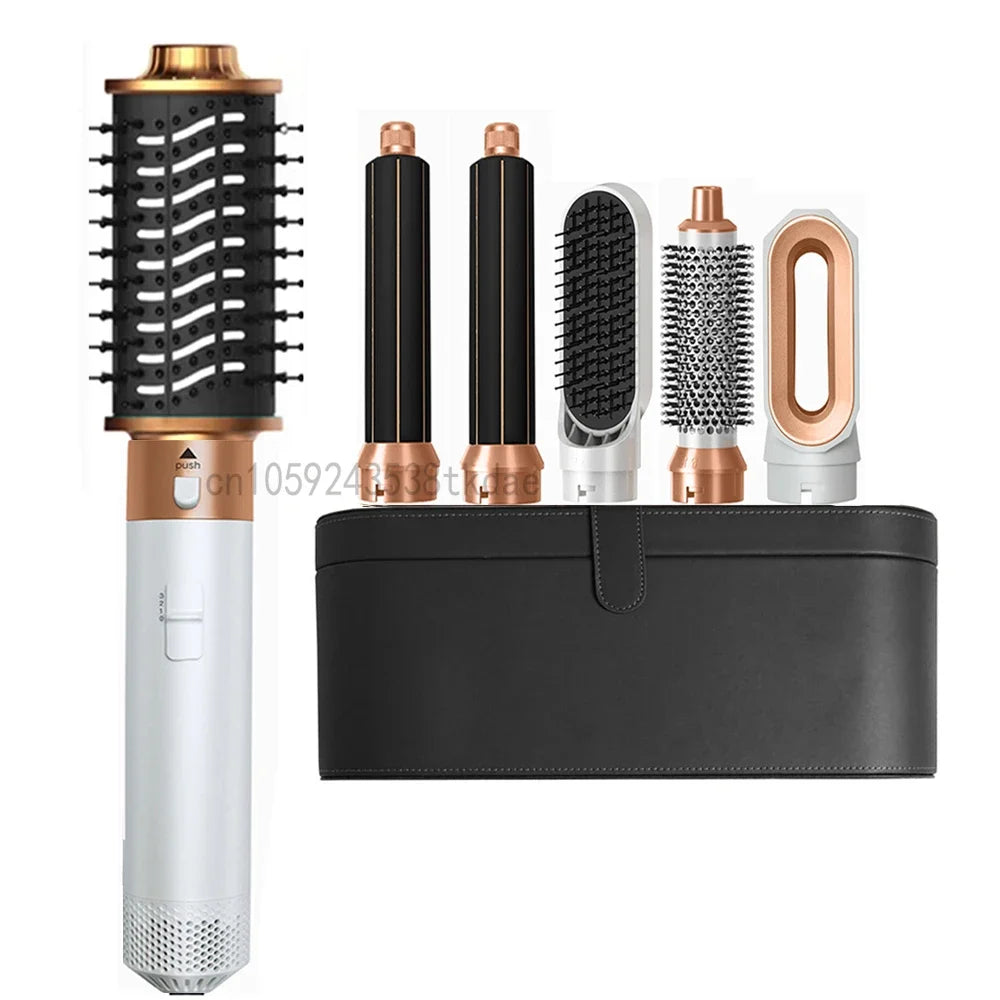 6-in-1 professional hair dryer brush set in white and gold with curling iron, straightener, and styling attachments.